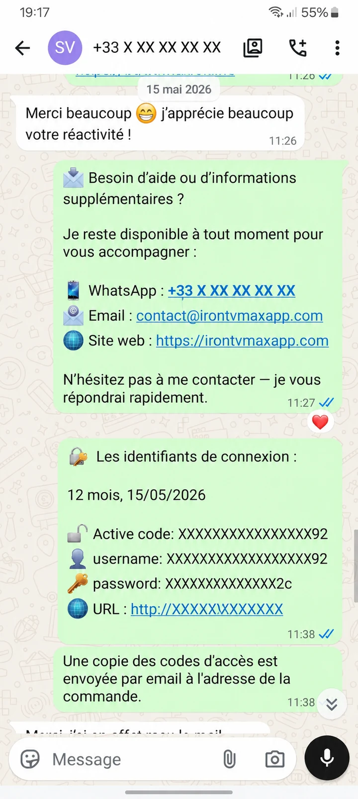 Échange WhatsApp anonymisé du 15 mai 2026 : Merci beaucoup 😁 j’apprécie beaucoup votre réactivité !