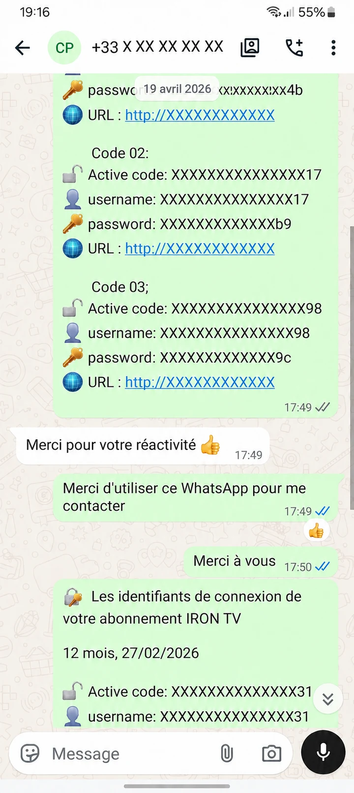 Échange WhatsApp anonymisé du 19 avril 2026 : Merci pour votre réactivité 👍