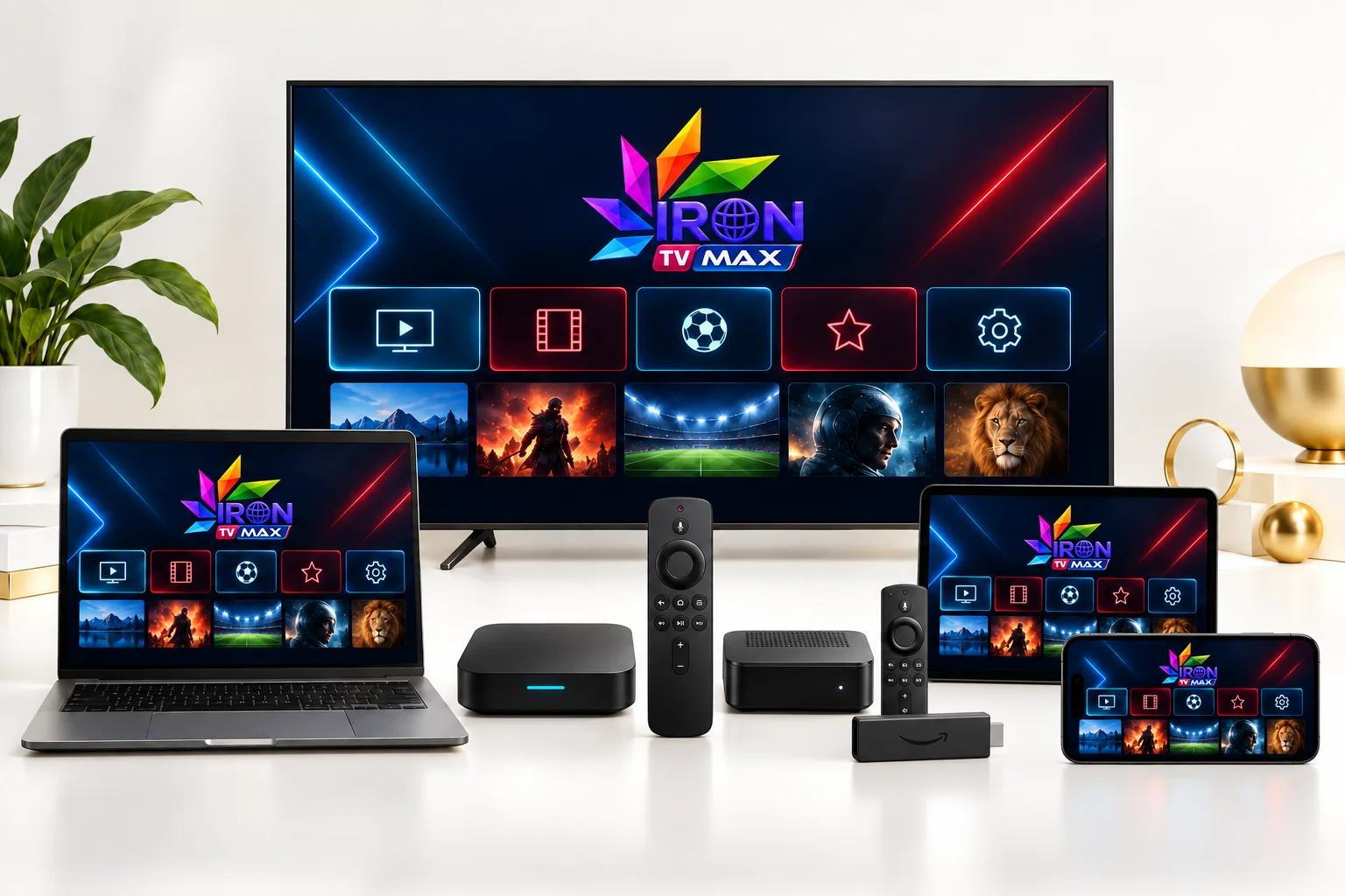 Iron TV Max sur téléviseur, ordinateur, tablette, téléphone en mode paysage, box TV et Fire TV Stick