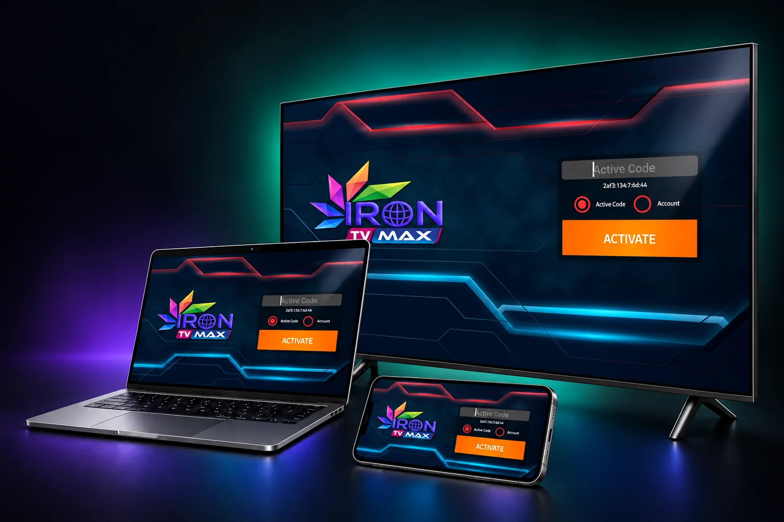 Application Iron TV Max affichée sur un téléviseur, un ordinateur et un téléphone en mode paysage